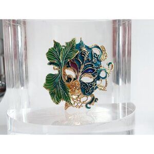 Multi Color Enameled Vintage Large Gold T Dreamy Venetian Style Mask Brooch Pin